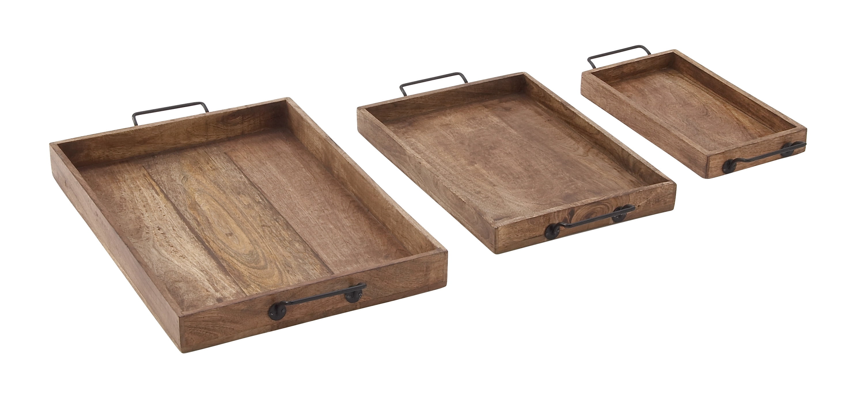 Rustic Brown Mango Wood Rectangular Tray Set with Slot Handles