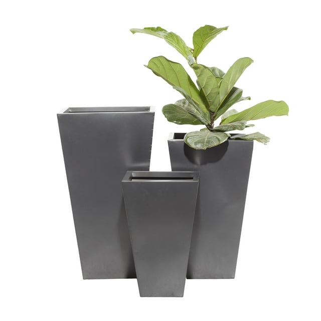 DecMode 17", 21", 25"H Light Weight Minimalistic Dark Gray Metal Geometric Planter with Tapered Base (3 Count)