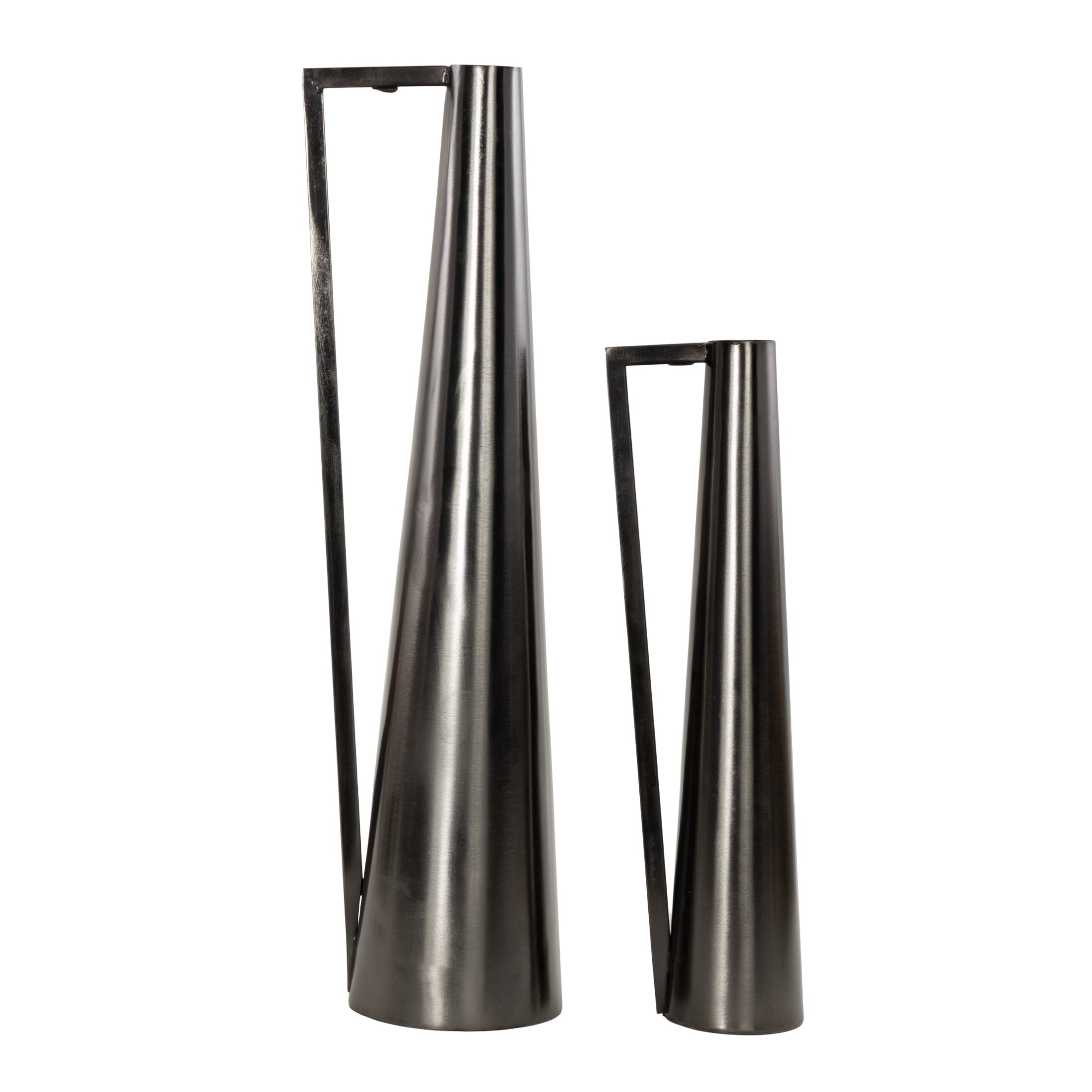 DecMode 17", 22"H Slim Cone Dark Gray Metal Vase with Extended Handles, Set of 2