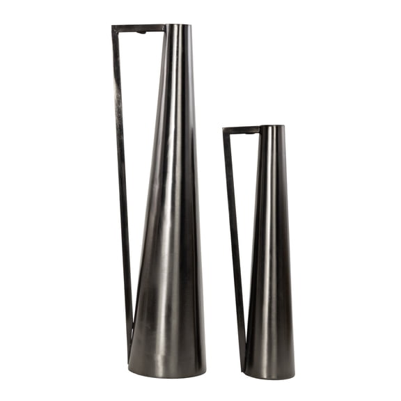 DecMode 17", 22"H Slim Cone Dark Gray Metal Vase with Extended Handles, Set of 2