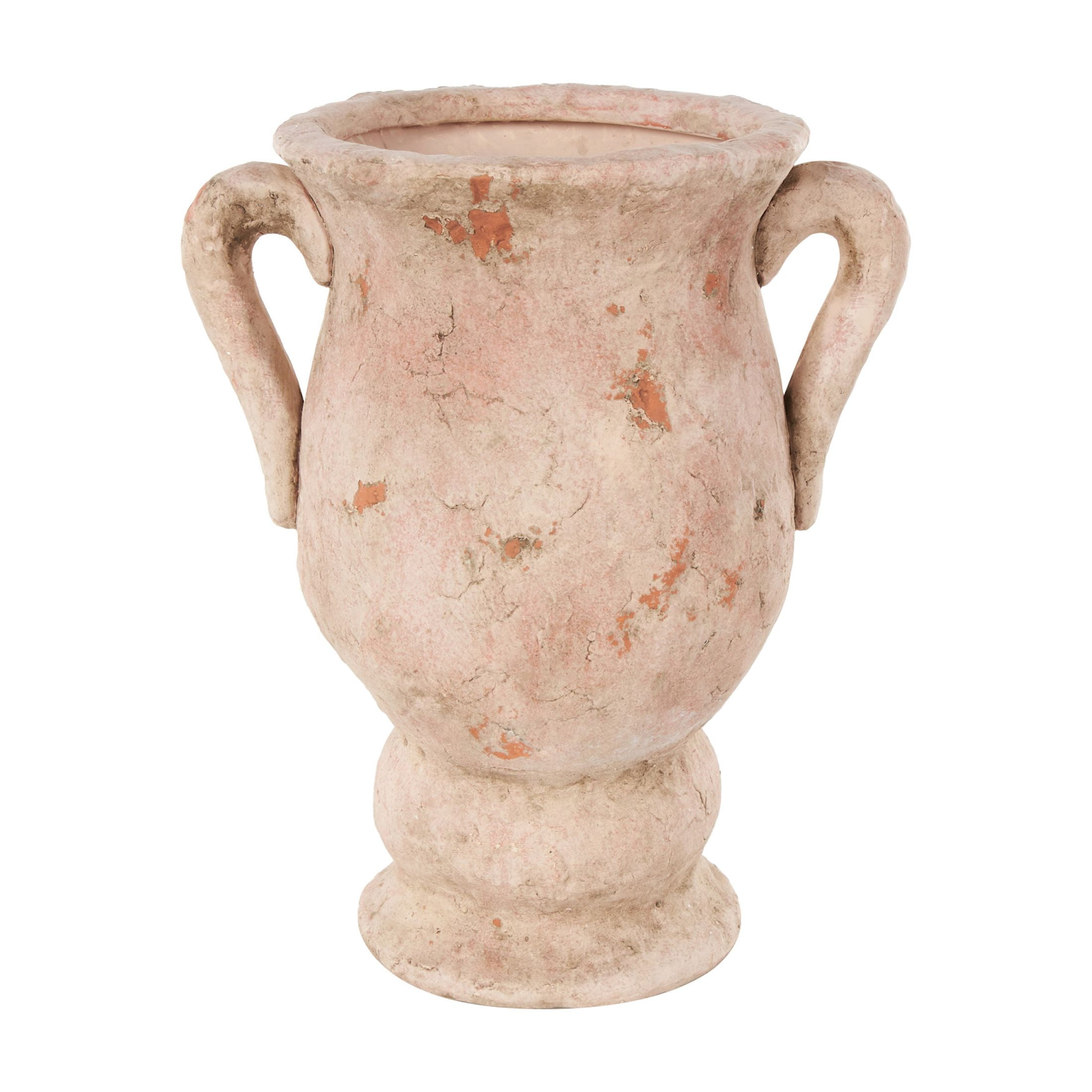 DecMode 17" Antique Style Distressed Pink Ceramic Vase with Handles