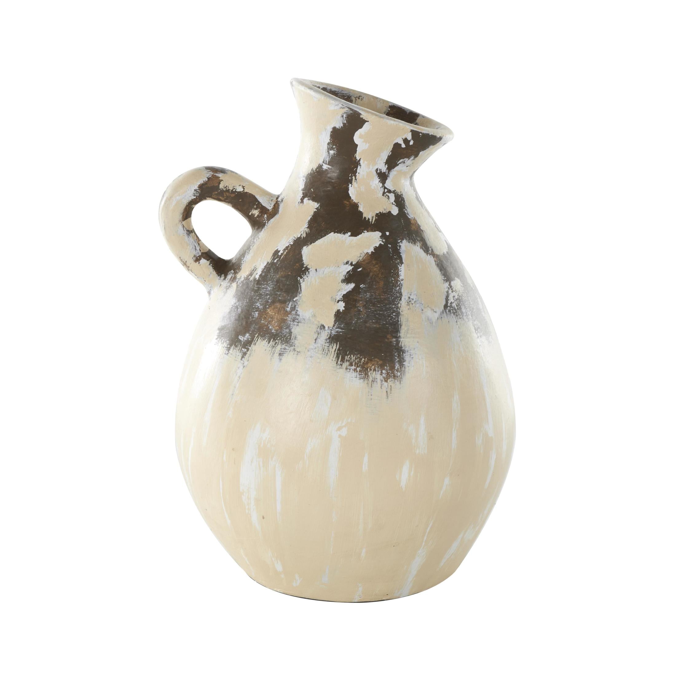 DecMode 17" Antique Style Pot Cream Ceramic Vase with Curved Handle