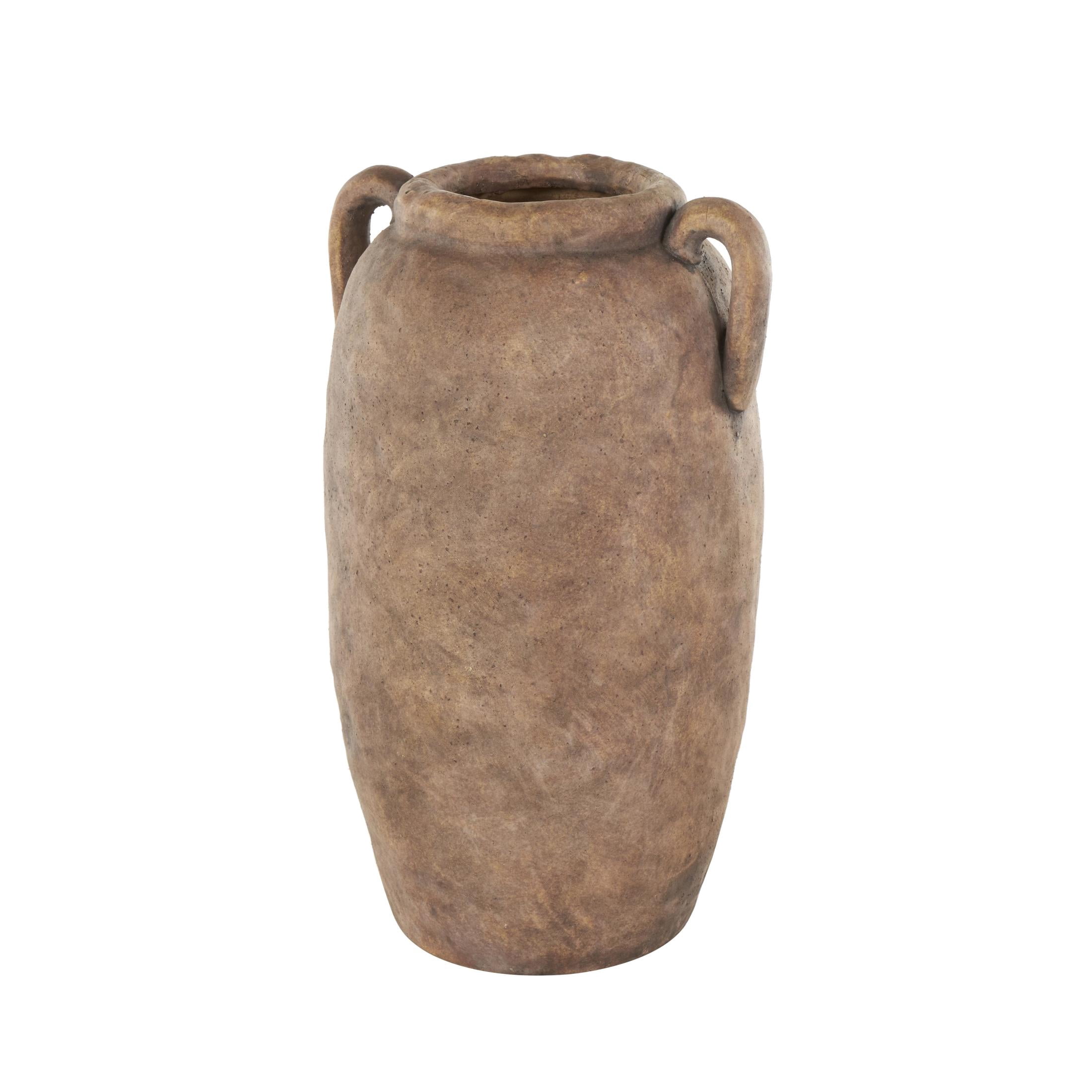 DecMode 17" Antique Style Textured Brown Ceramic Vase with Handles