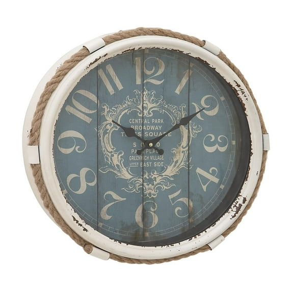 DecMode 17" Blue Metal Scroll Wall Clock with Rope Frame and Distressed Clockface