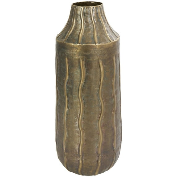 DecMode Brass Metal Snakeskin Inspired Decorative Vase with Dimensional Wavy Accents, 7" x 7" x 17"