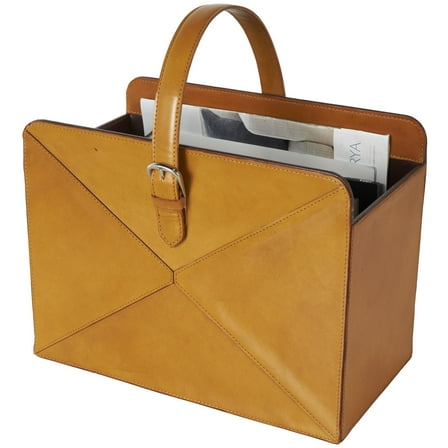 DecMode 17" Brown Leather Handmade Box Style Magazine Holder with Detail Stitching and Curved Buckle Handles