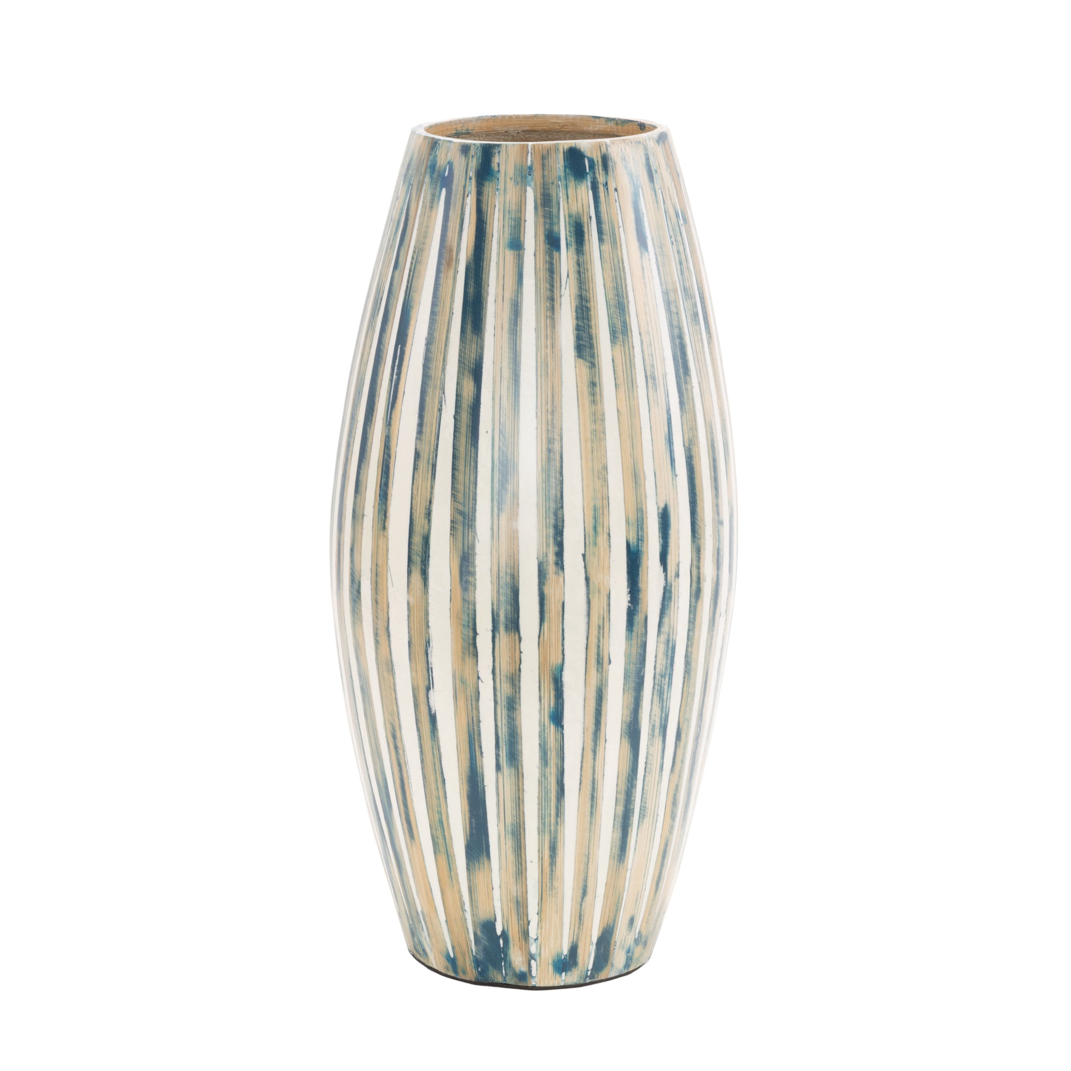 DecMode 17" Brushed Blue Bamboo Wood Vase with Cream Accents and White Stripes