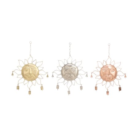 DecMode 17" Multi Colored Metal Sun Windchime with Bells and Chain Ring Hanger (3 Count)