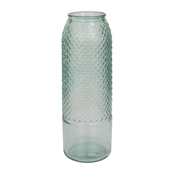 DecMode 17" Handmade Slim Spanish Light Blue Recycled Glass Vase with Textured Diamond Pattern