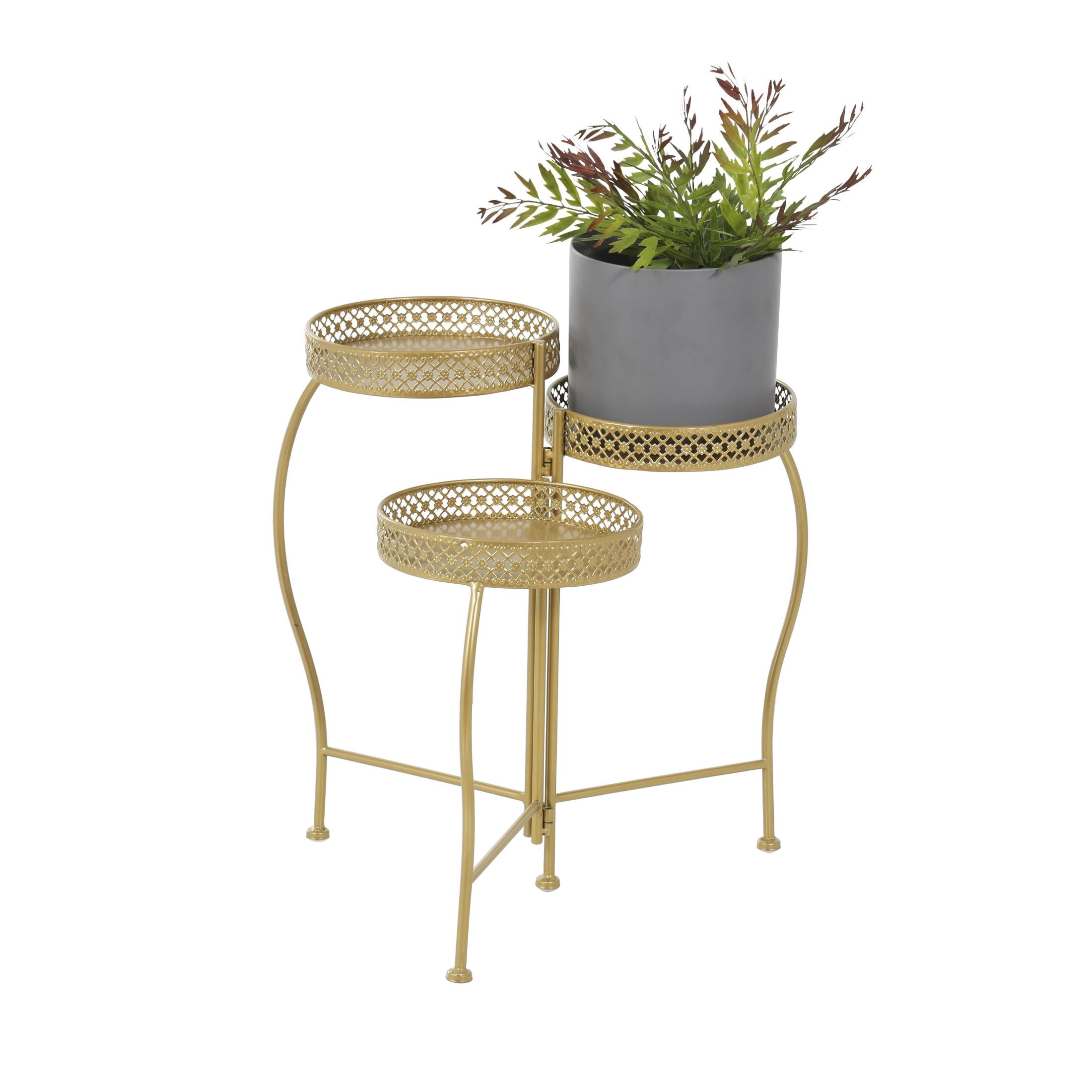DecMode 17" x 17" x 20" 3 Tier Gold Metal Curved Folding Plantstand with Floral and Scroll Patterns