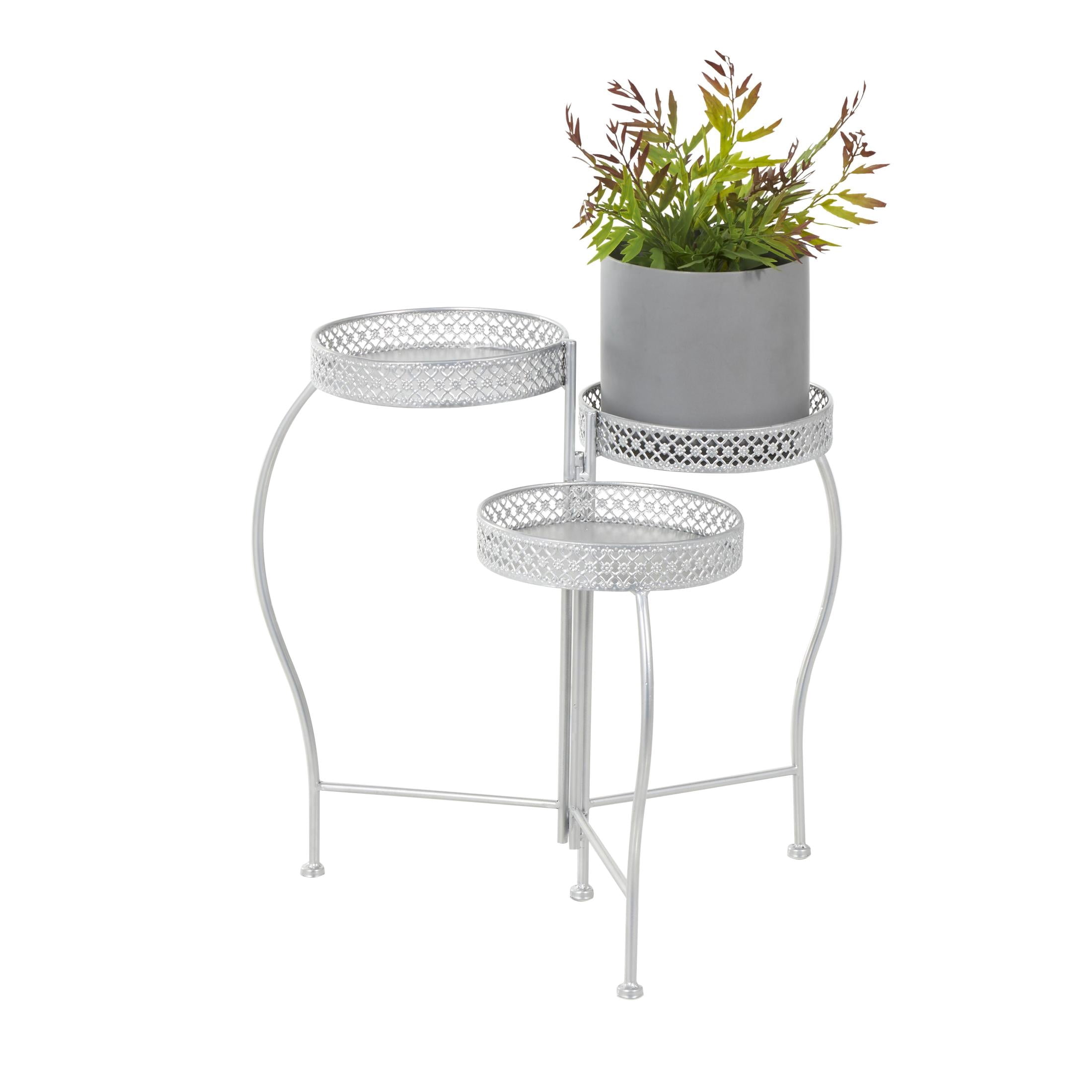 DecMode 17" x 17" x 20" 3 Tier Silver Metal Curved Folding Plantstand with Floral and Scroll Patterns