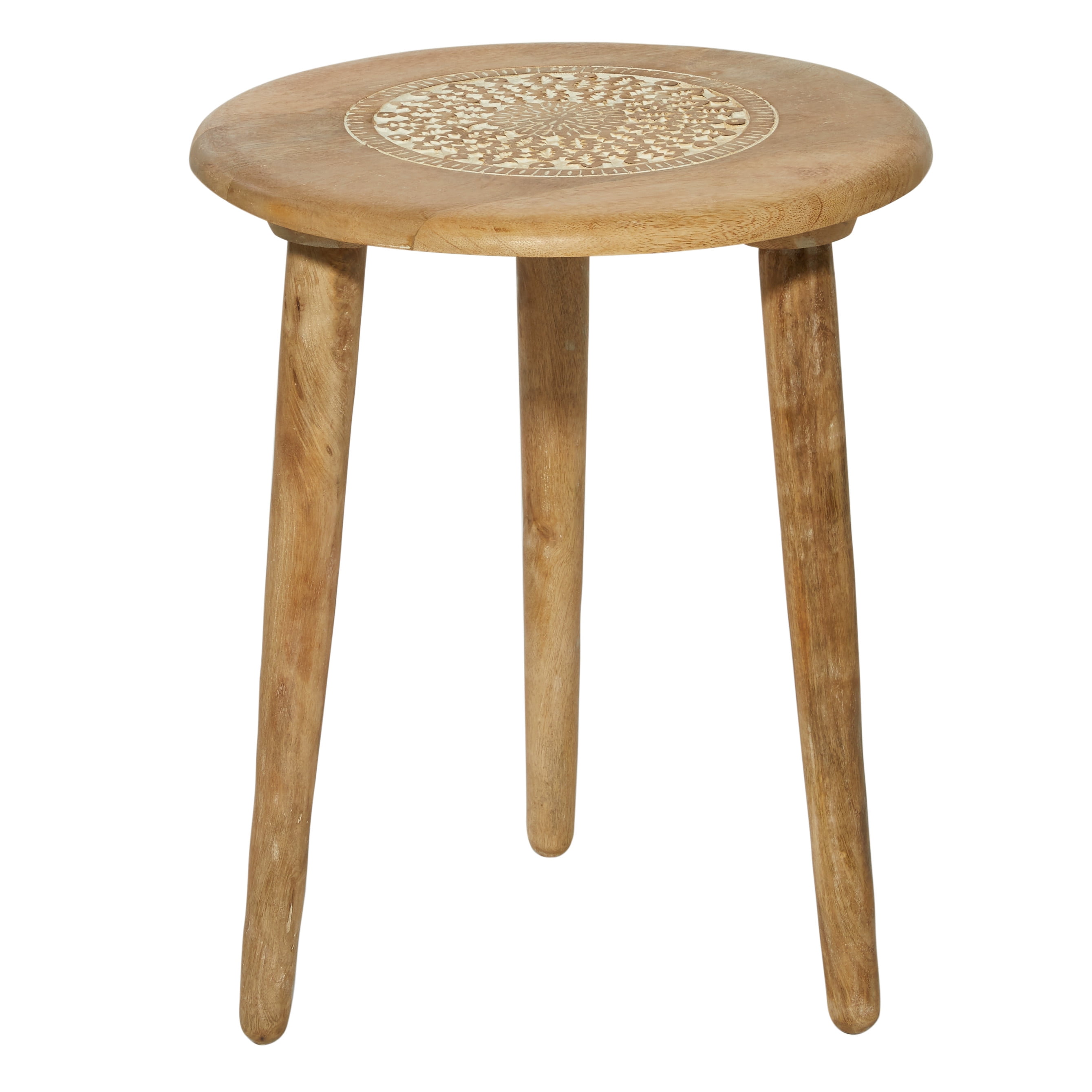 Intricately Carved Mango Wood Round Accent Table - Brown, 22"x17"