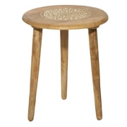 DecMode 17 x 22 Brown Mango Wood Handmade Intricately Carved Floral Accent Table with Tripod Legs, 1-Piece