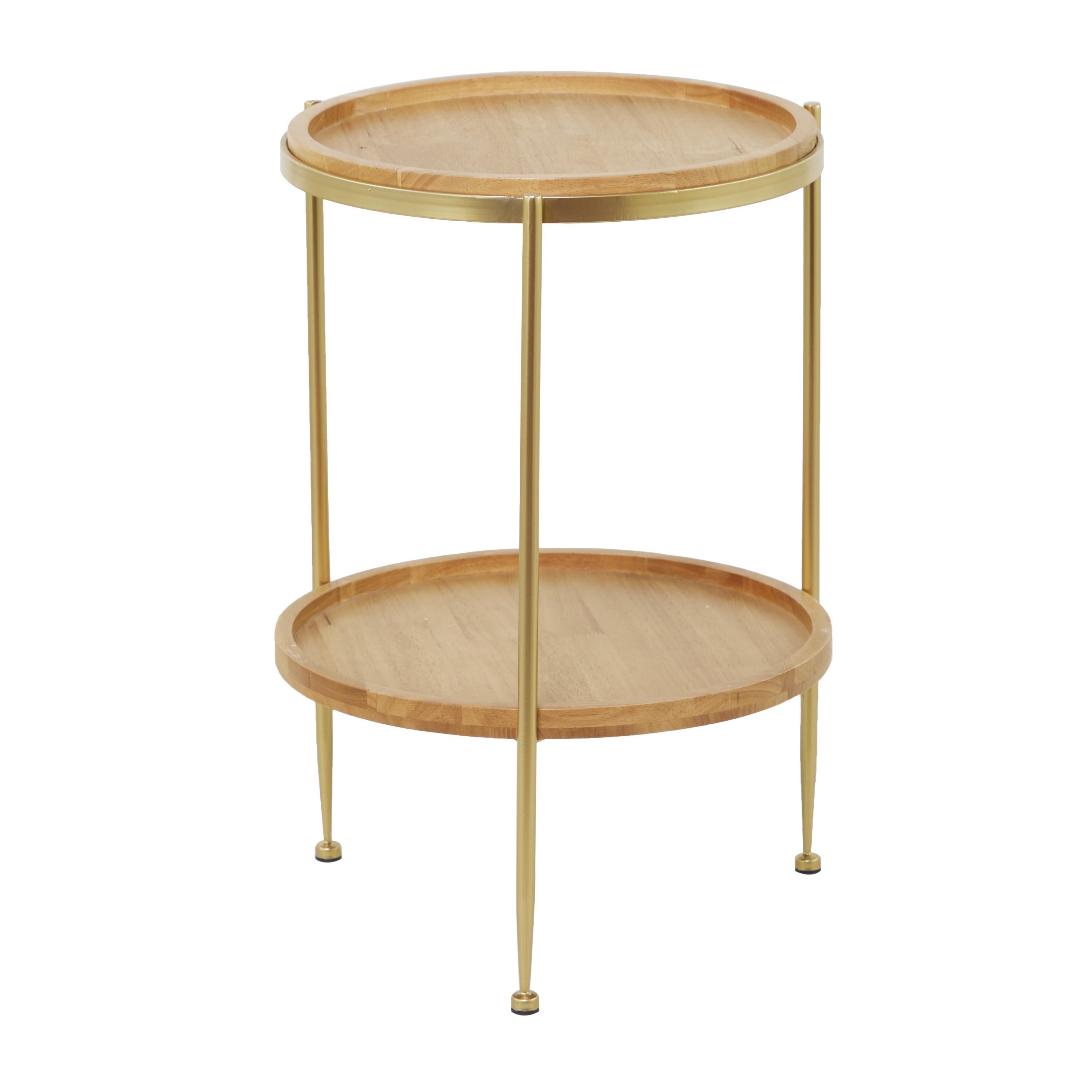 Round Brown Wood and Gold Metal Two-Tier End Table