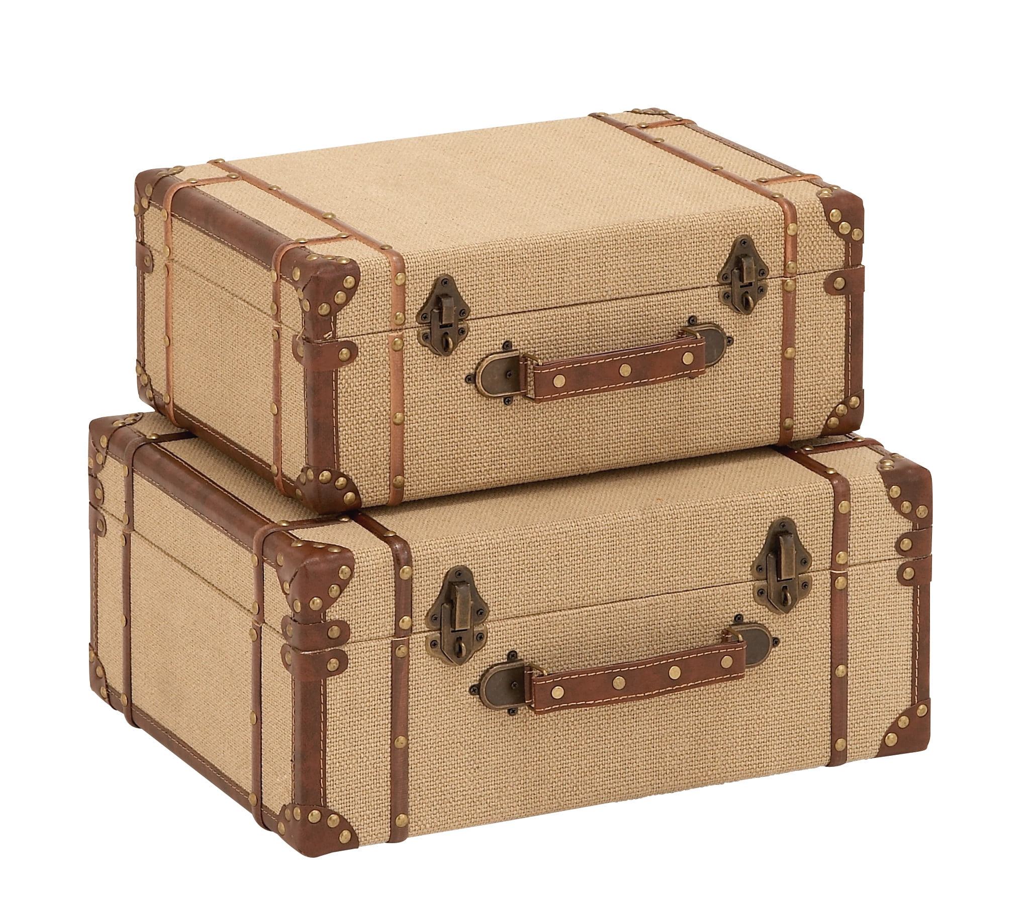 Beige Burlap and Leather Vintage Trunk Set, 2 Pieces
