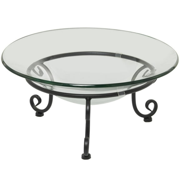 DecMode 17" x 8" Clear Tempered Glass Kitchen Serving Bowl with Black Metal Scroll Stand, 1-Piece