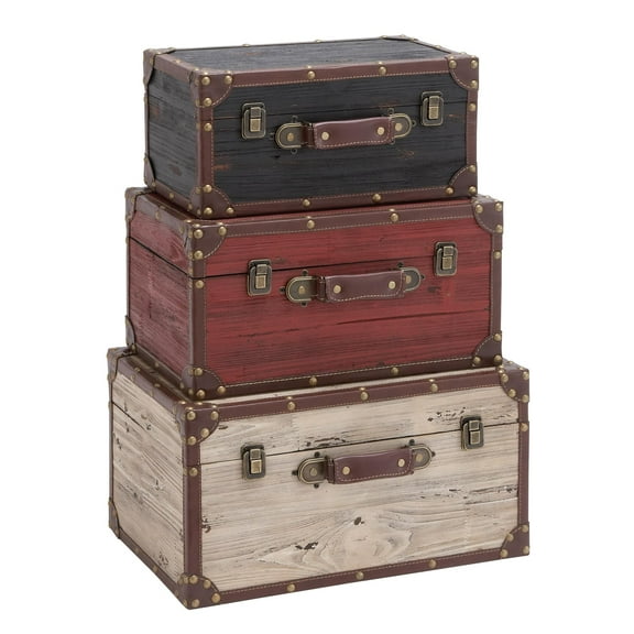 DecMode 14" x 7" Multi Colored Wooden Nesting Vintage Trunk with Gold Studs and Brown Leather Accents, 3-Pieces