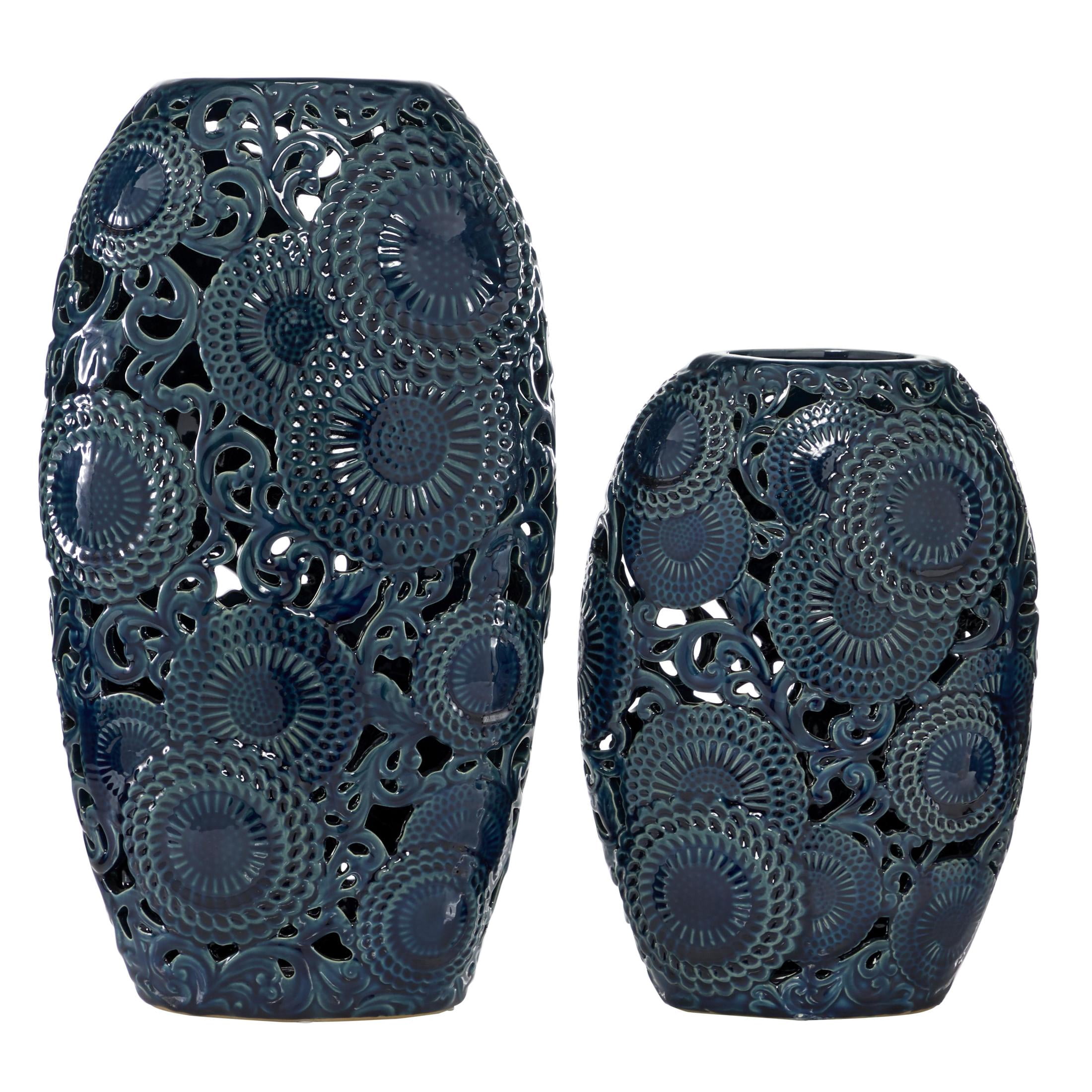 DecMode 18", 13"H Floral Blue Ceramic Vase with Cut Out Patterns, Set of 2