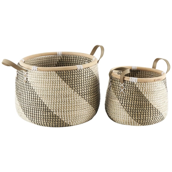 DecMode 18", 13"W Brown Seagrass Handmade Diagonal Striped Storage Basket with Leather Handles, 2-Pieces
