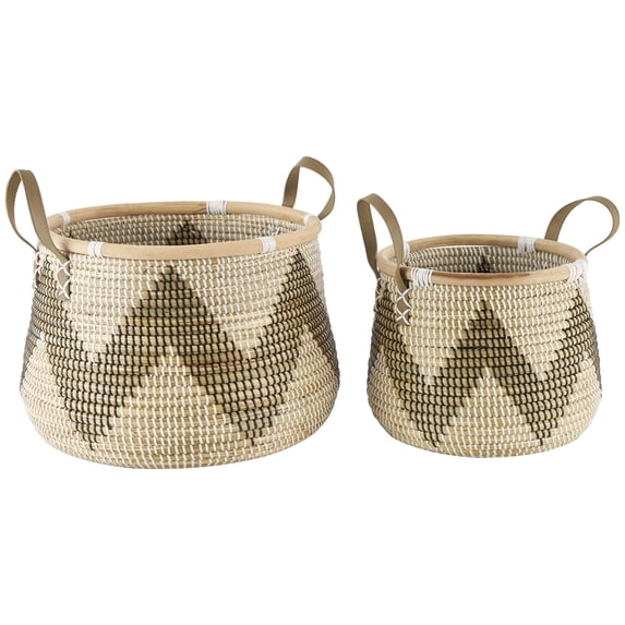 DecMode 18", 13"W Brown Seagrass Handmade Zigzag Patterned Storage Basket with Black and White Plastic Weaving and Leather Handles, 2-Pieces