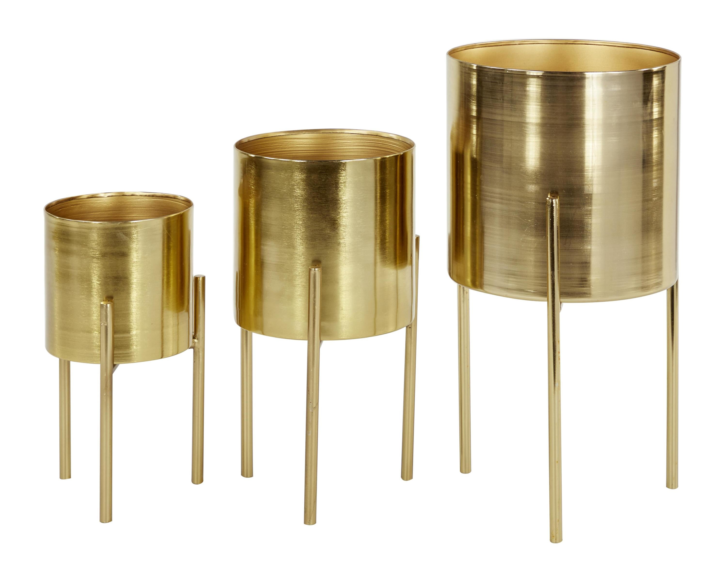 Set of 3 Gold Metal Planters with Stands - 18", 14", 12"H