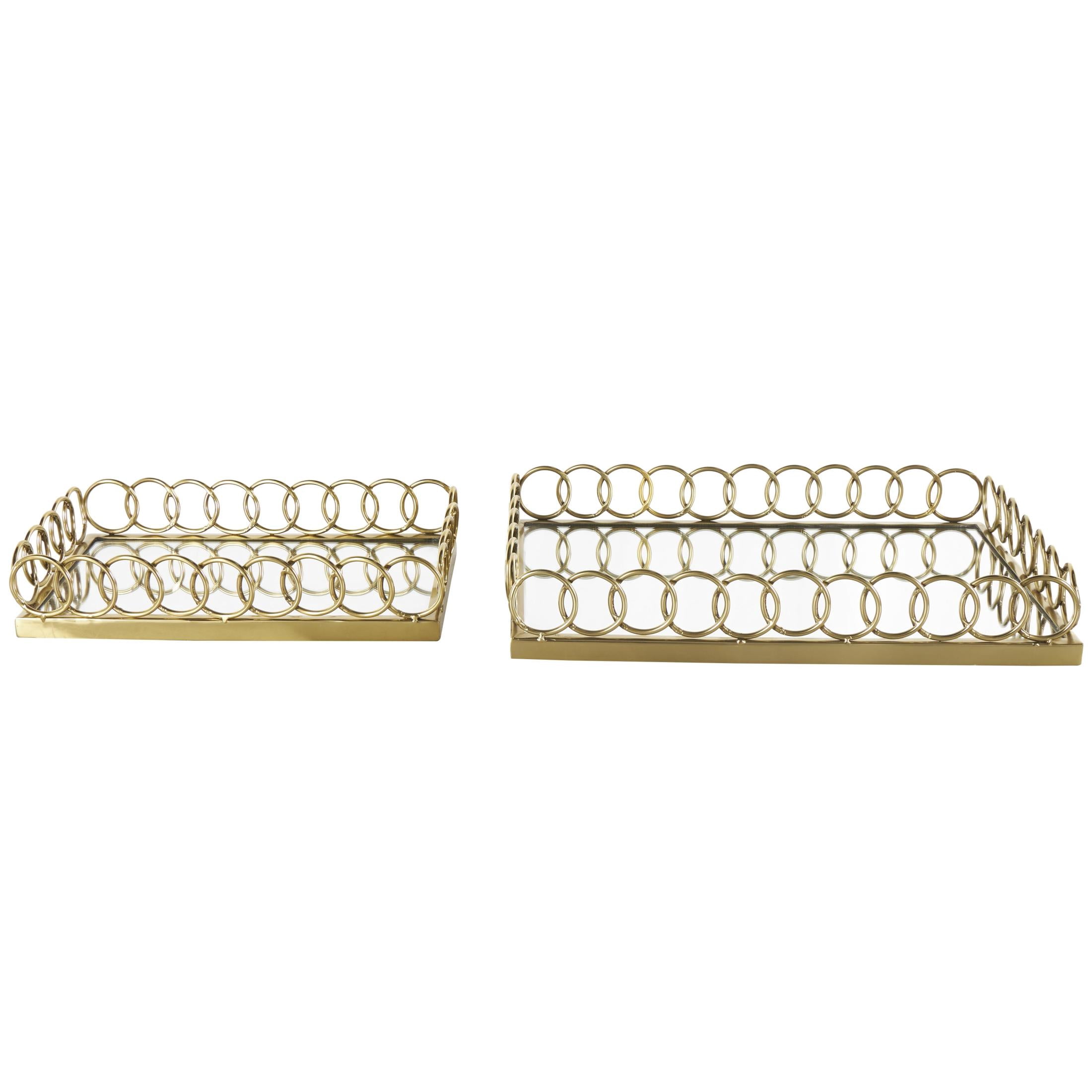 DecMode 18", 14"W Gold Stainless Steel Metal Mirrored Geometric Tray with Wire Rod Frame, 2-Pieces
