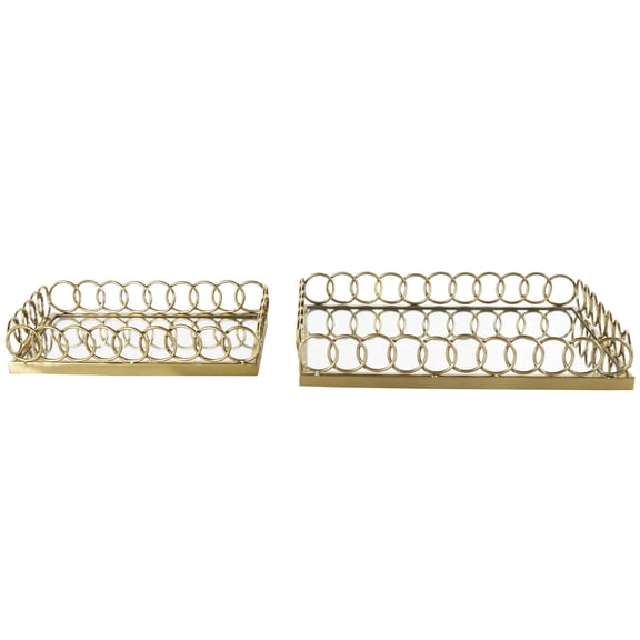 DecMode 18", 14"W Gold Stainless Steel Metal Mirrored Geometric Tray with Wire Rod Frame, 2-Pieces