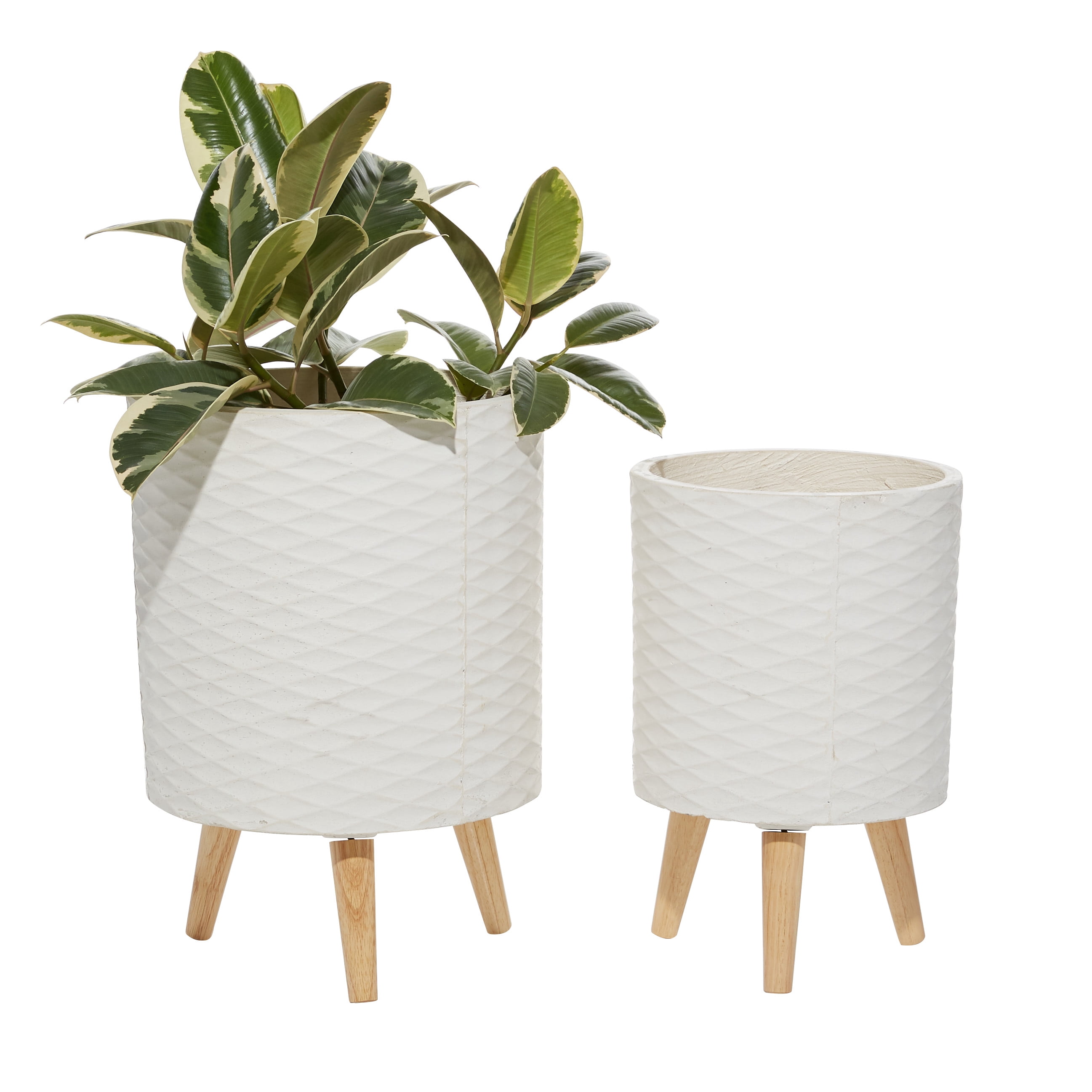 DecMode 18", 15"H Indoor Outdoor White Ceramic Planter with Wood Legs (2 Count)