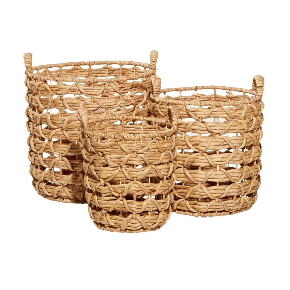 DecMode 18", 16", 15"H Brown Seagrass Handmade Storage Basket with Handles, 3-Pieces