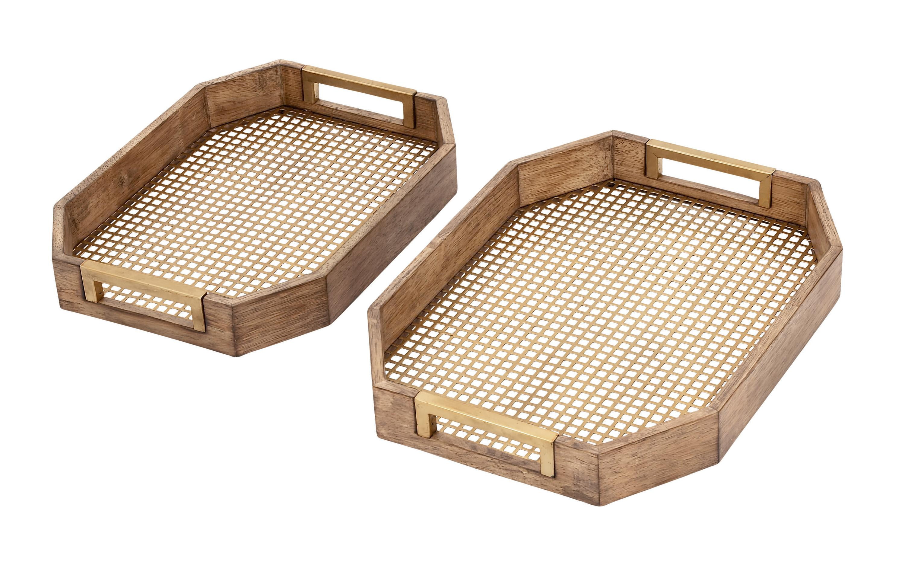 Light Brown Wood and Metal Mesh Decorative Trays, Set of 2
