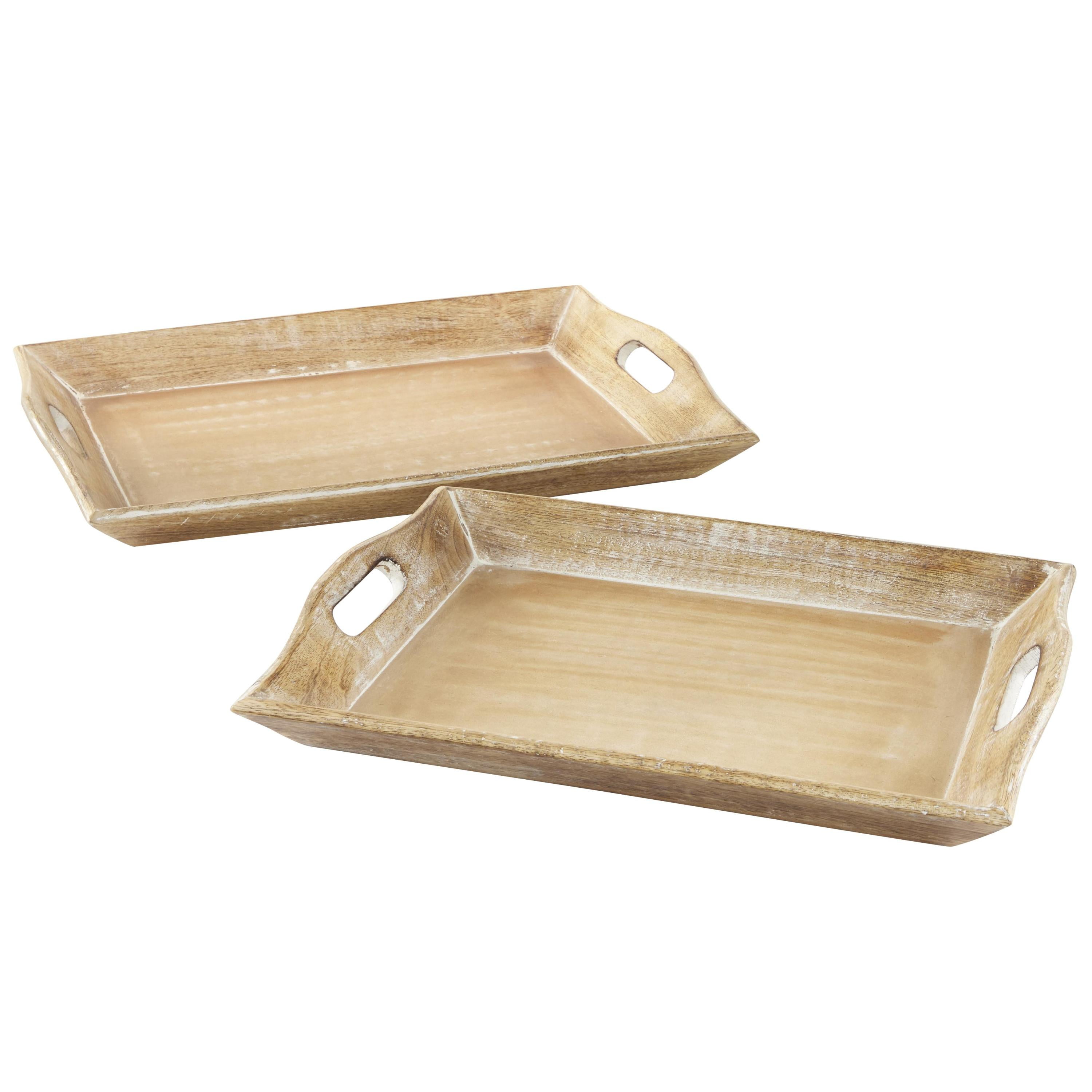 Set of 2 Brown Whitewashed Mango Wood Serving Trays