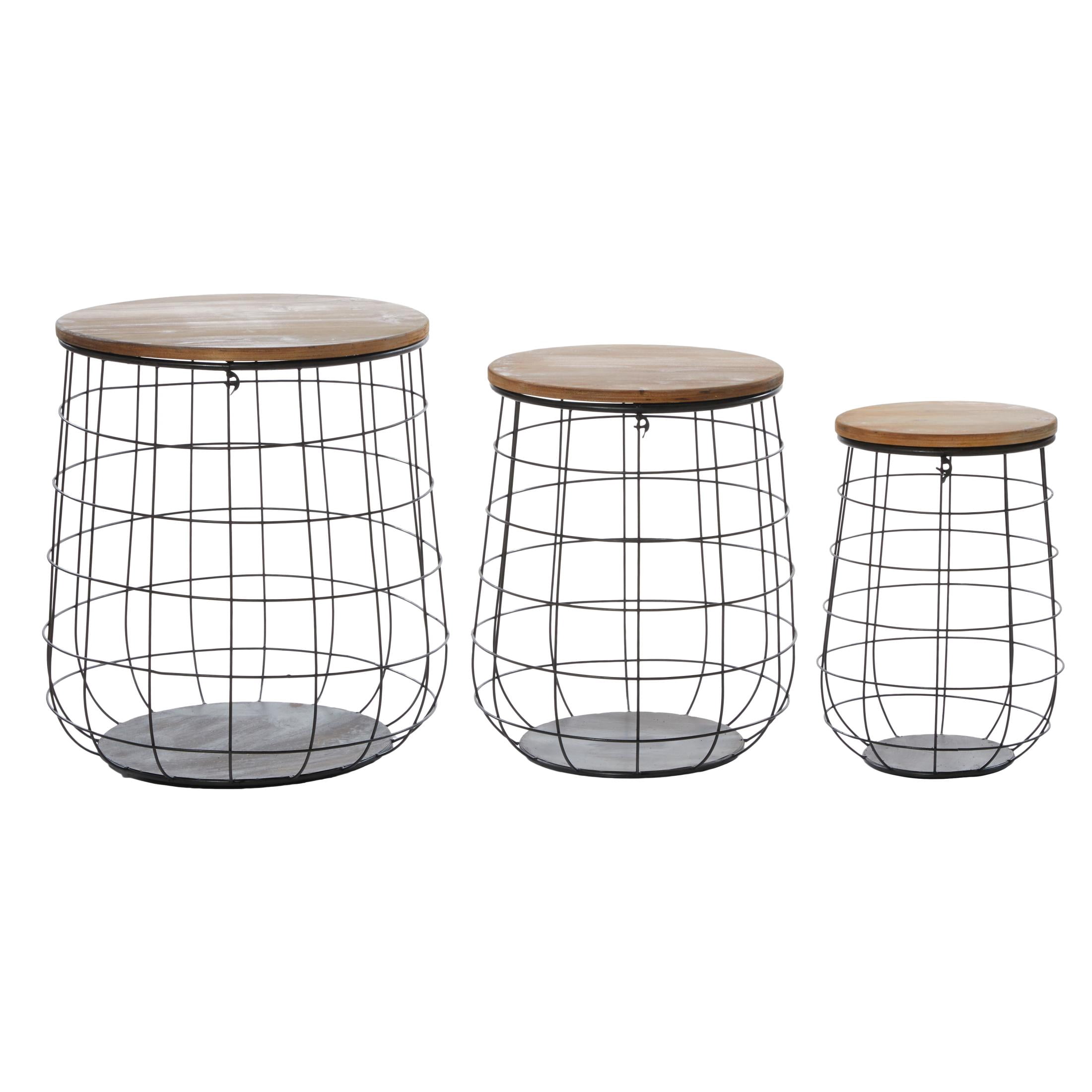 DecMode 18", 20", 23"H Black Metal Caged Storage Basket with Wooden Lift Top Lids, 3-Pieces