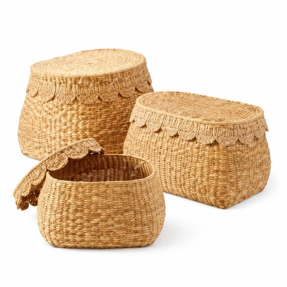 DecMode 18", 24", 30"H Brown Seagrass Woven Storage Basket with Lid, 3-Pieces