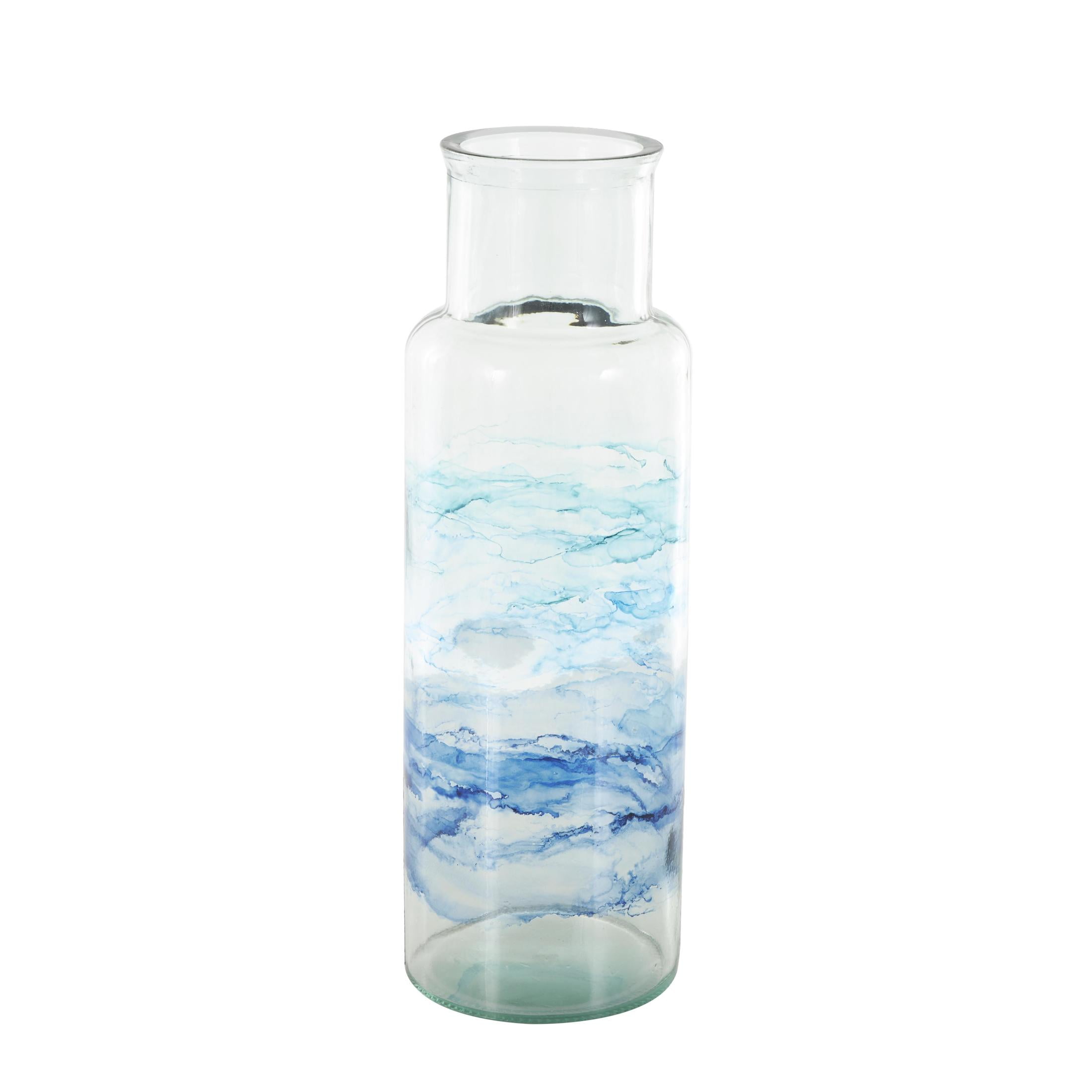 DecMode 18" Abstract Handmade Slim Spanish Bottle Neck Blue Recycled Glass Vase with Ombre Swirled Bands