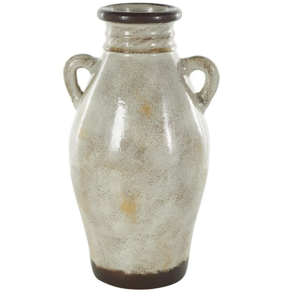 DecMode 18" Antique Amphora Cream Ceramic Vase with Speckled Texturing and Yellow and Brown Accents