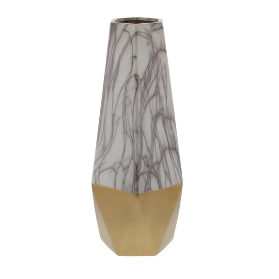DecMode 18" Faux Marble Gold Ceramic Vase with Gold Base