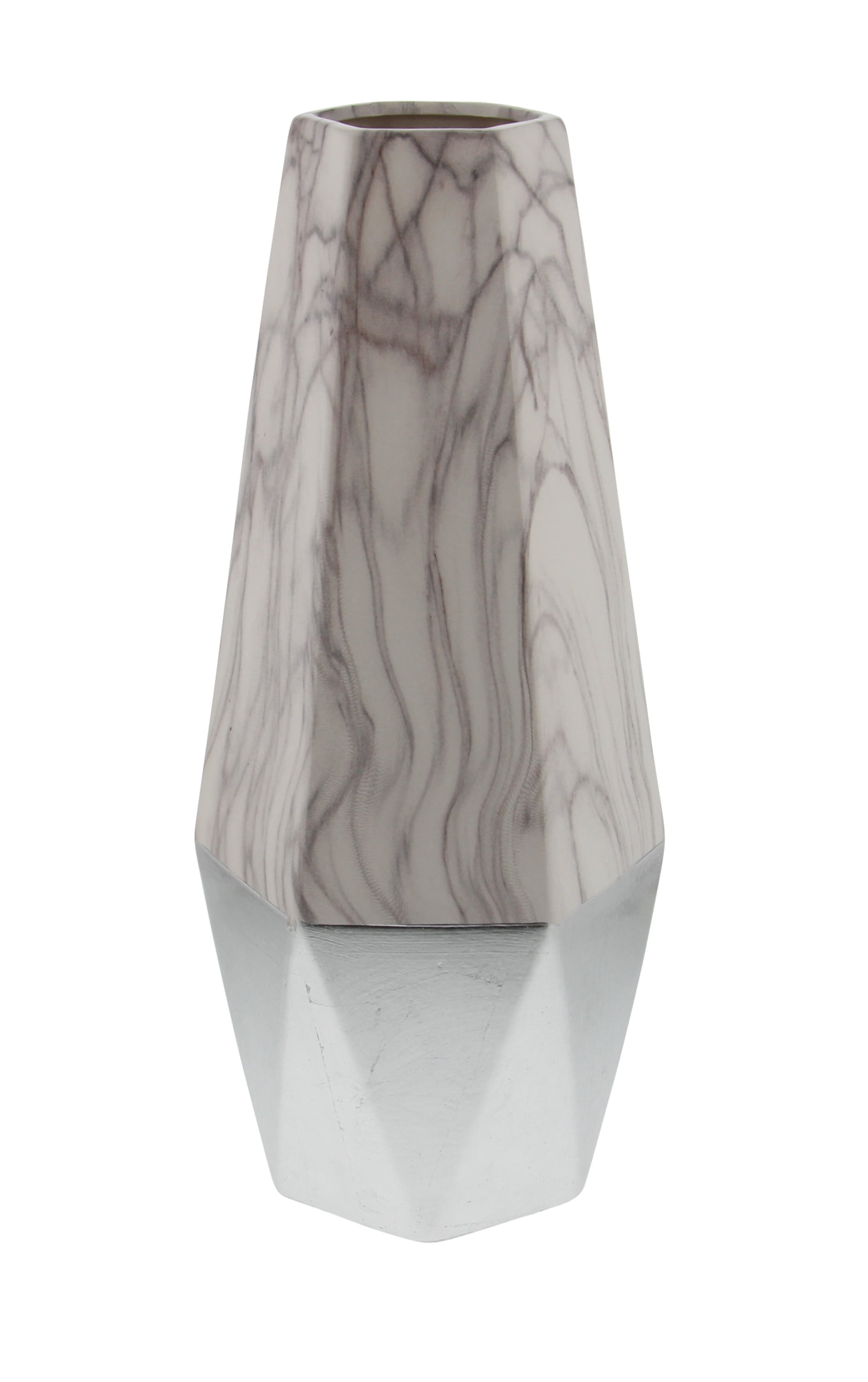 18" Gray and White Faux Marble Ceramic Decorative Vase with Silver Base