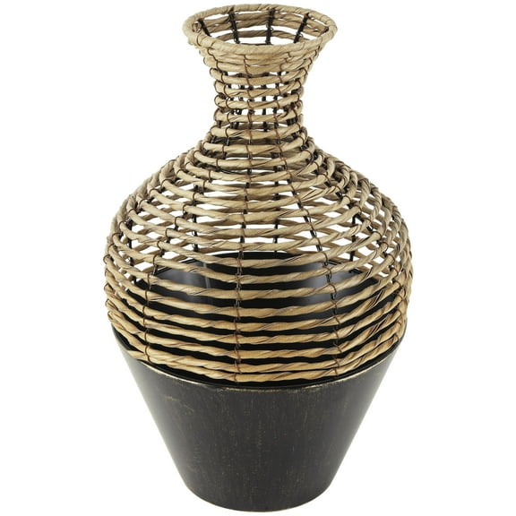 DecMode 18" Handmade Twisted Bronze Plastic Rattan Vase with Open Frame Design and Bronze Metal Base