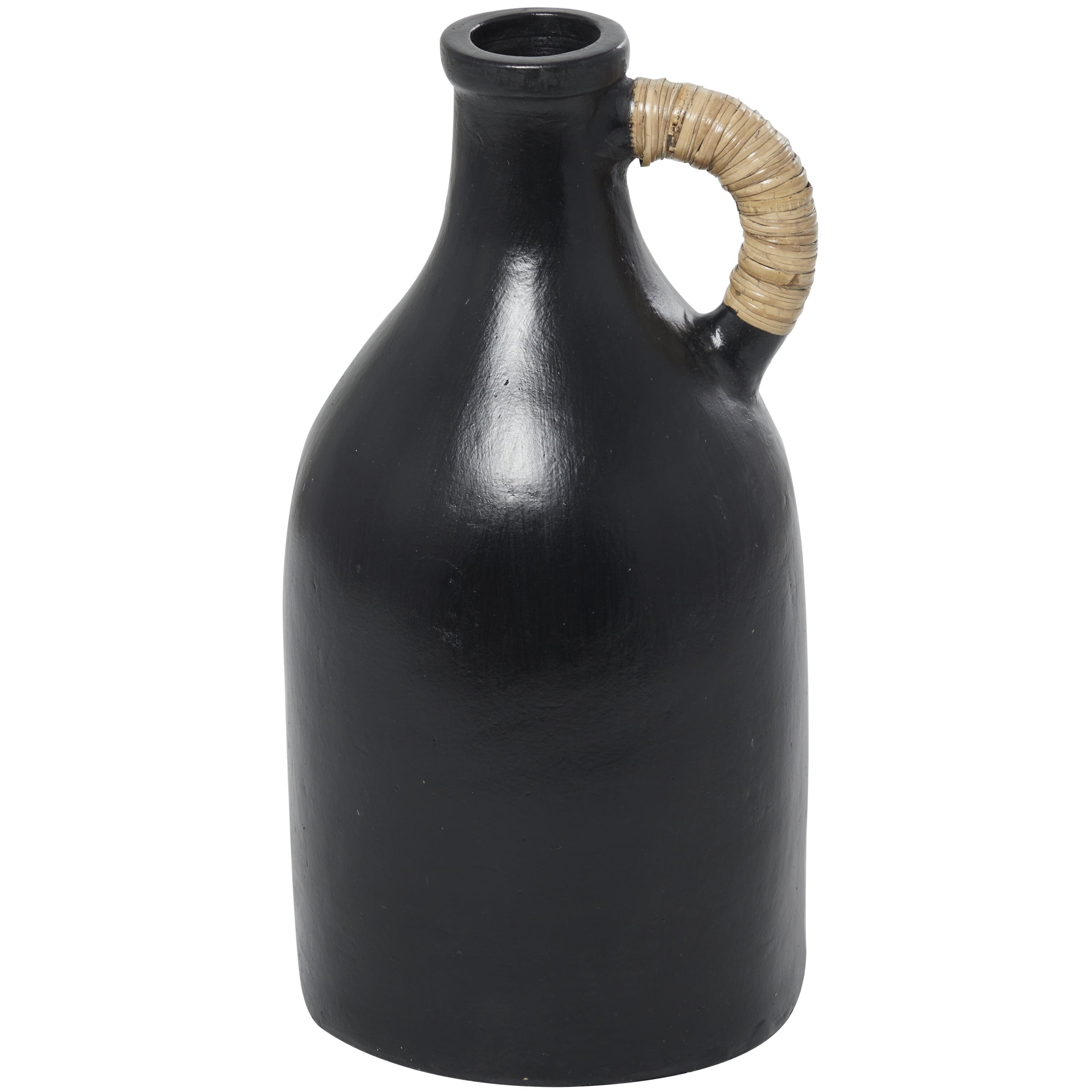 DecMode 18" Jug Inspired Black Ceramic Vase with Rattan Wrapped Handle