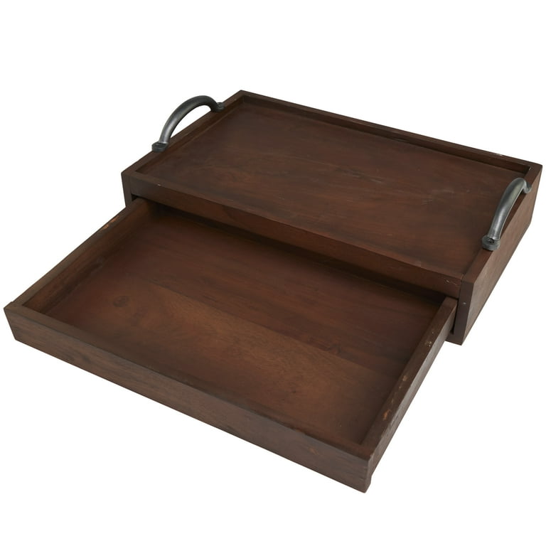 DecMode Wooden Storage Tray with Hidden Drawer and Black Metal