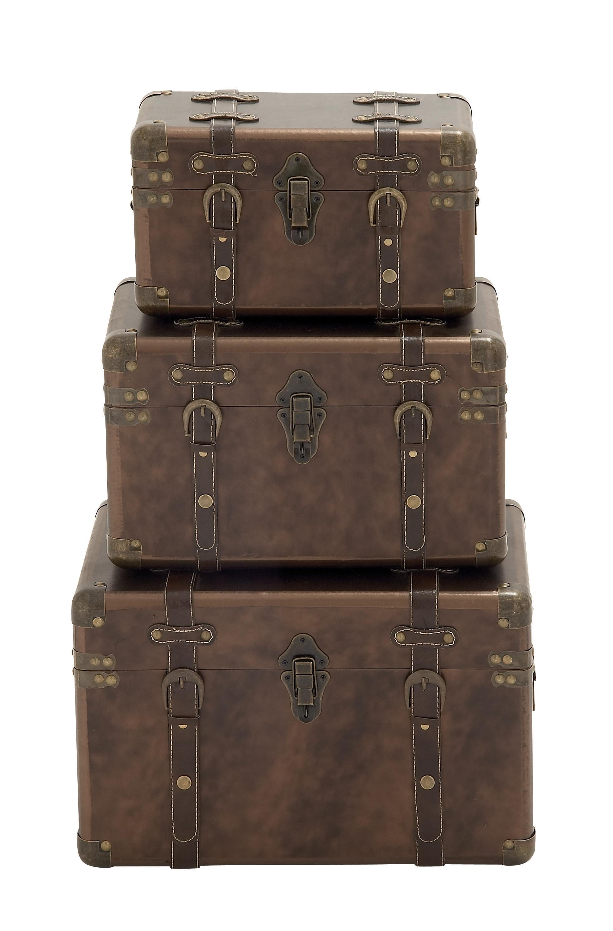 Brown Leather Rectangular Storage Trunk Set with Vintage Accents, 3-Pieces