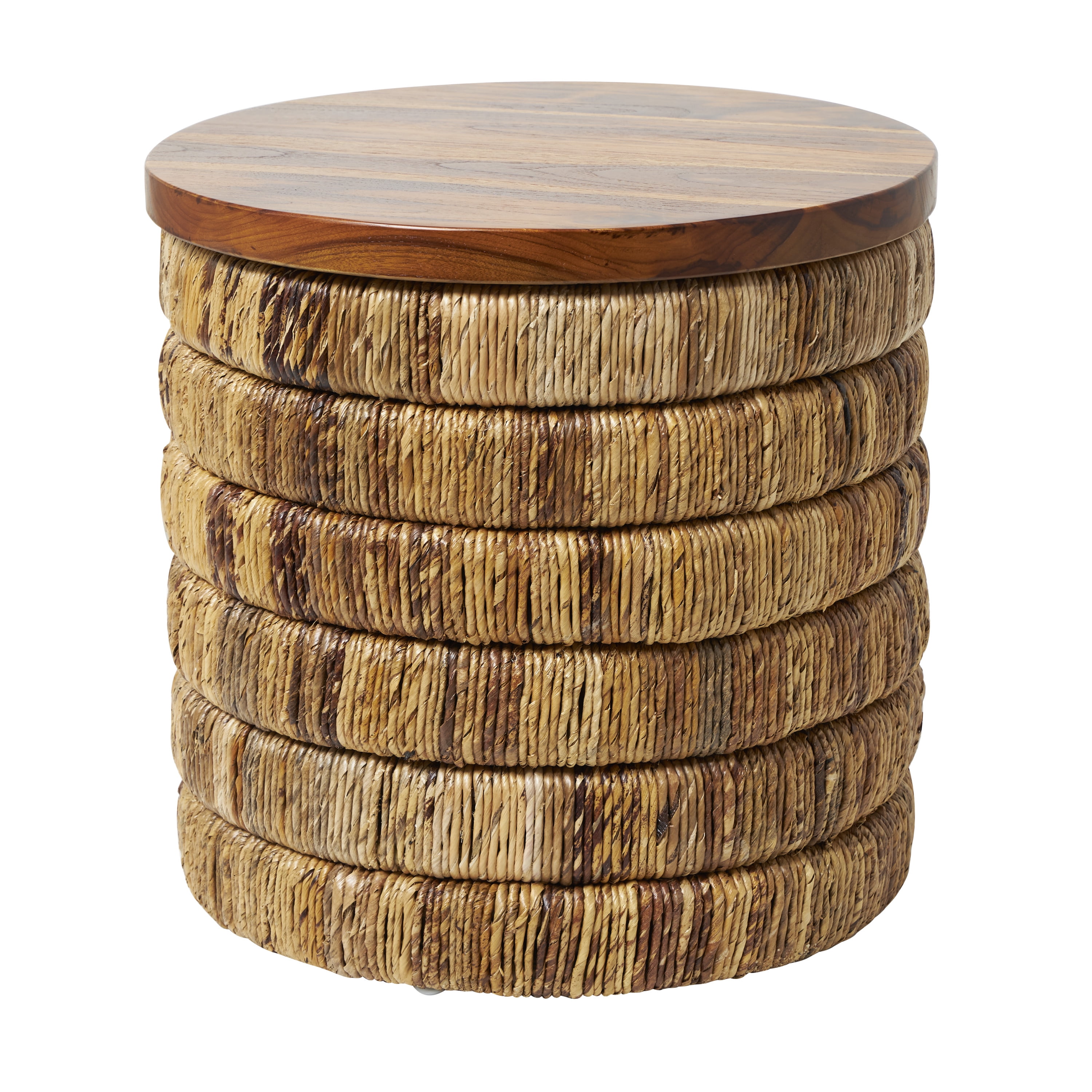DecMode 18" x 18" Brown Seagrass Handmade Linear Wrapped Accent Table with Teak Wood Top, 1-Piece