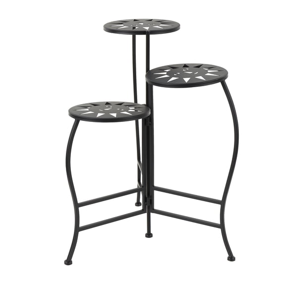 DecMode 18" x 18" x 24" 3 Tier Black Metal Folding Plantstand with Sun Face Cutouts