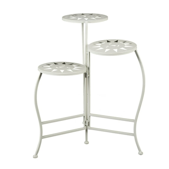 DecMode 18" x 18" x 24" 3 Tier White Metal Folding Plantstand with Sun Face Cutouts