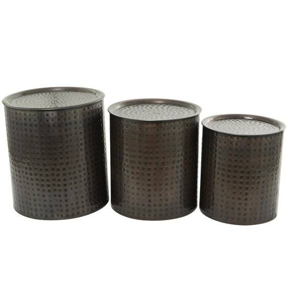 DecMode 18" x 21" Bronze Metal Handmade Drum Accent Table with Hammered Design, 3-Pieces