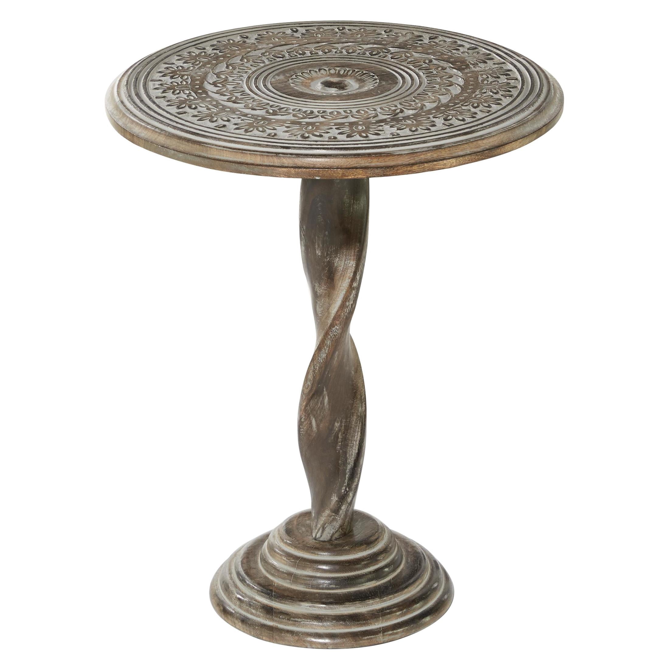 DecMode 18" x 22" Brown Mango Wood Handmade Intricately Carved Floral Accent Table with Spiral Pedestal, 1-Piece