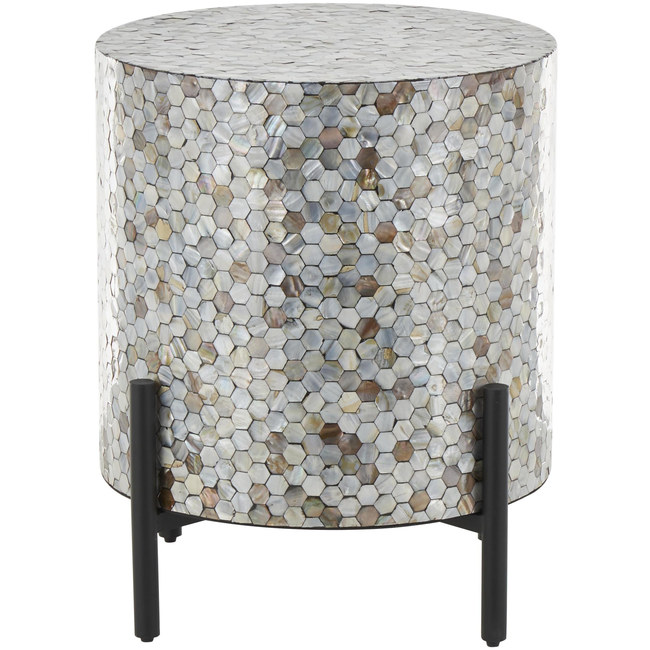 DecMode 18" x 22" Multi Colored Mother of Pearl Shell Handmade Hexagon Mosaic Inlay Abstract Accent Table with Black Metal Legs, 1-Piece
