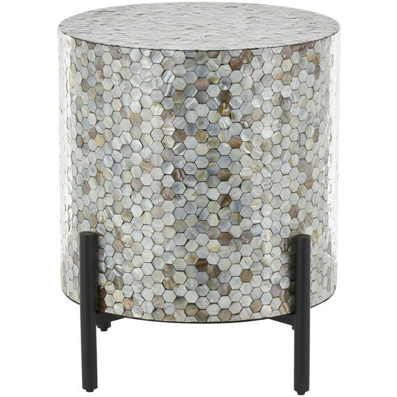 DecMode 18" x 22" Multi Colored Mother of Pearl Shell Handmade Hexagon Mosaic Inlay Abstract Accent Table with Black Metal Legs, 1-Piece