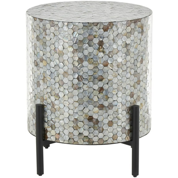 DecMode 18" x 22" Multi Colored Mother of Pearl Shell Handmade Hexagon Mosaic Inlay Abstract Accent Table with Black Metal Legs, 1-Piece