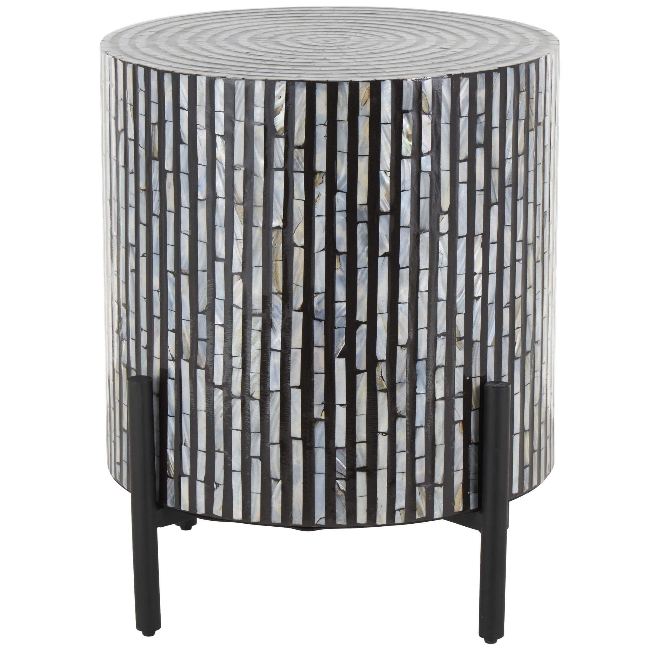 DecMode 18" x 22" Multi Colored Mother of Pearl Shell Handmade Mosaic Inlay Geometric Accent Table with Black Metal Legs, 1-Piece